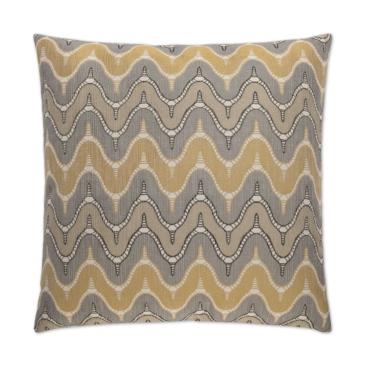 Square decorative pillow with a grey chevron pattern on textured fabric.