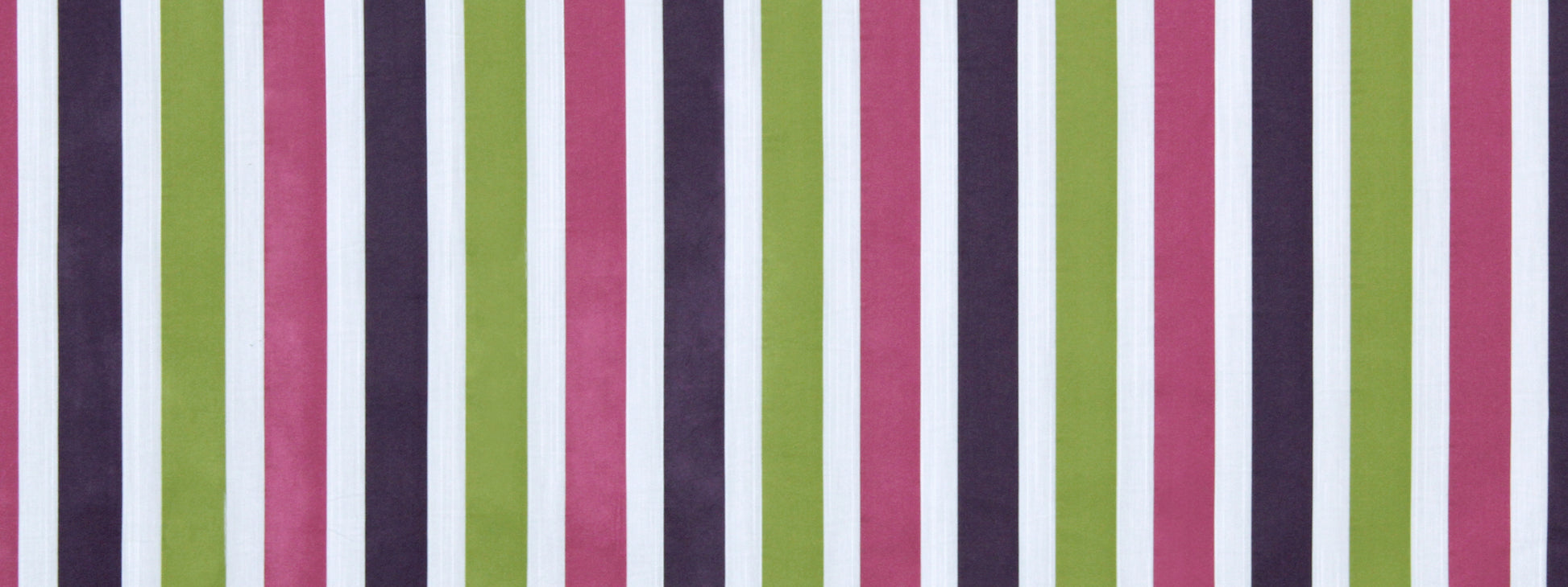 Vertical multicolor stripe pattern in pink, magenta, lime green and navy on fuchsia upholstery fabric; bold, modern stripe design.