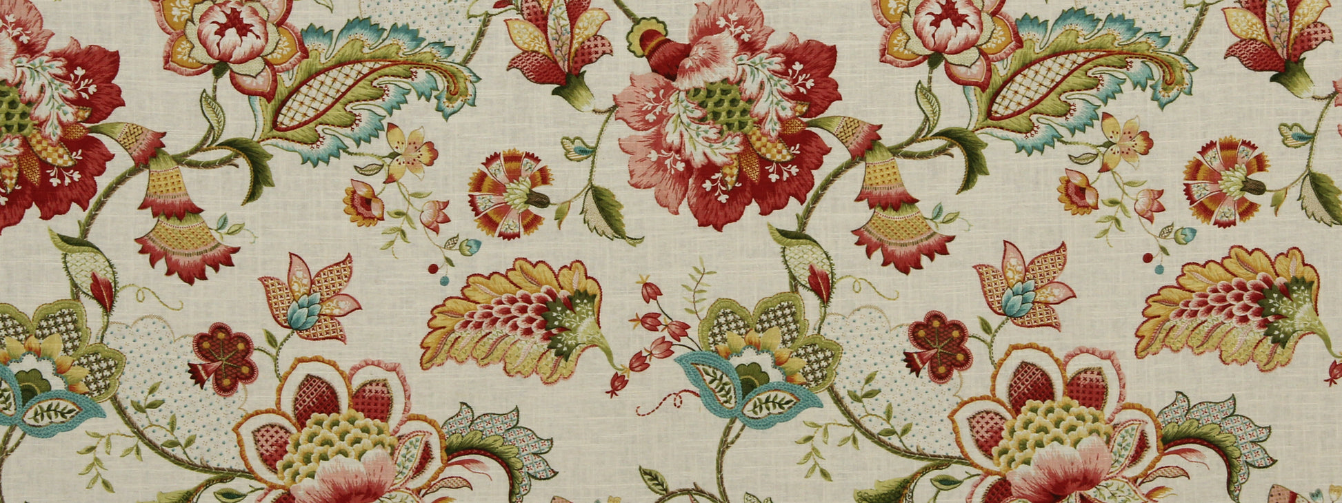 Beige linen-like fabric with vintage floral tapestry print in red, pink, yellow flowers and green leaves.