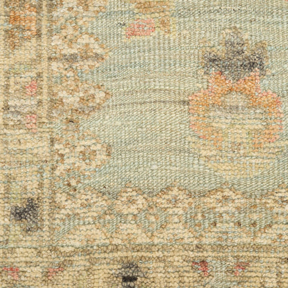 Pastel blue-green Persian-style rug with ivory and peach floral motifs; wool pile, rectangular decorative floorcovering.