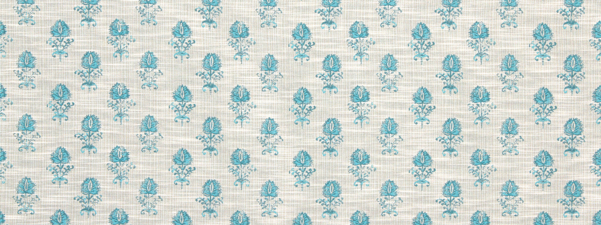 Turquoise textured upholstery fabric with a repeating light blue rose floral print, vintage cottage style.