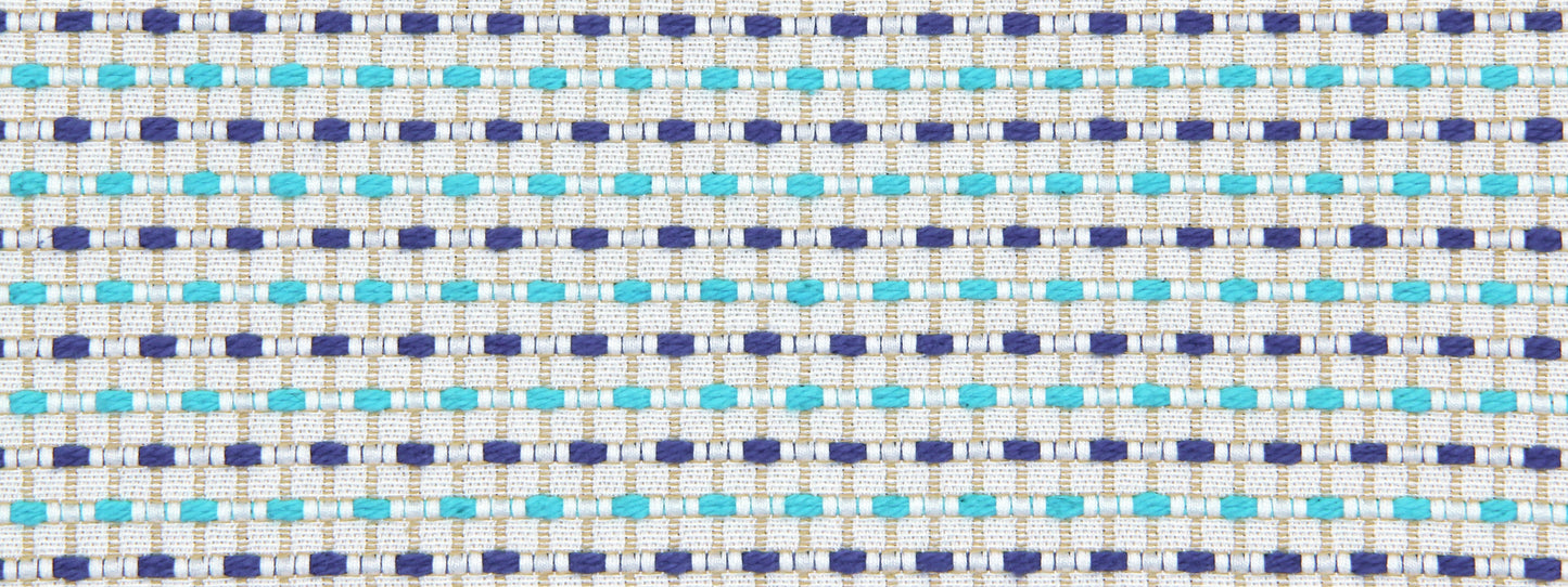 Woven upholstery fabric with a white base, navy square motifs and turquoise accents.