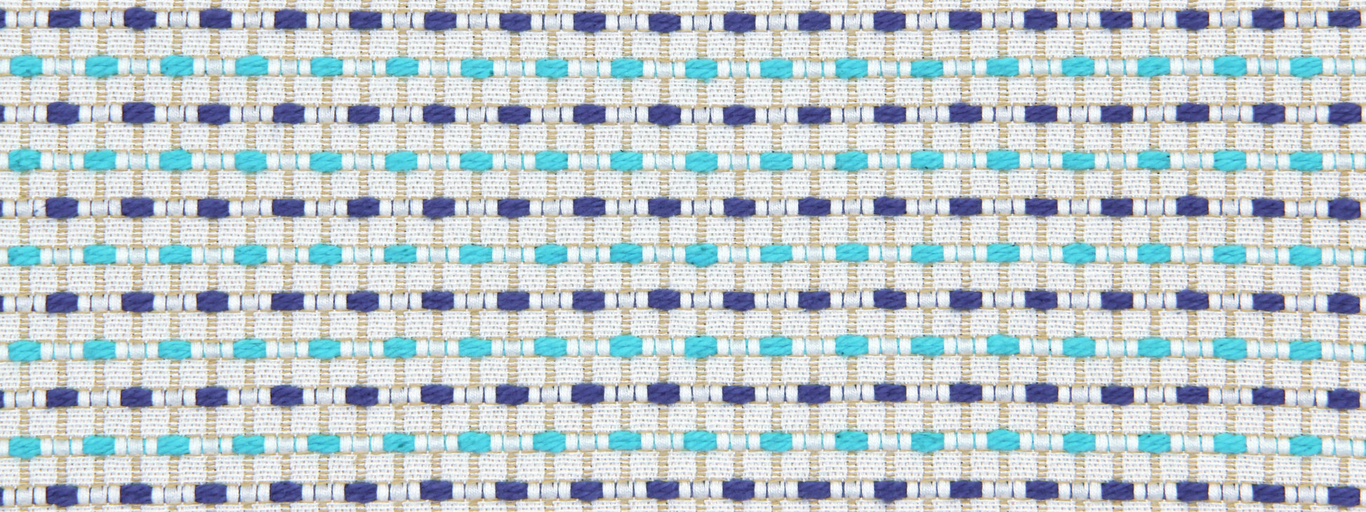 Woven upholstery fabric with a white base, navy square motifs and turquoise accents.