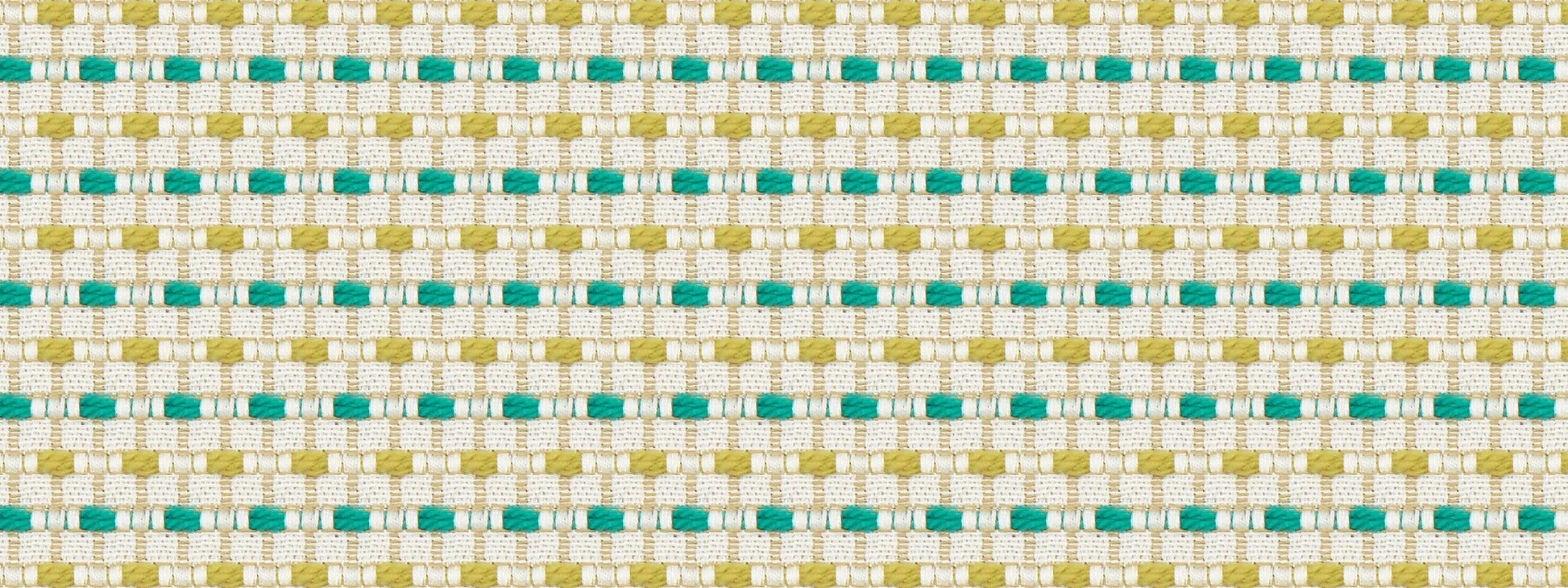 Beige woven upholstery fabric with turquoise dotted stripes; teal and aqua tones.