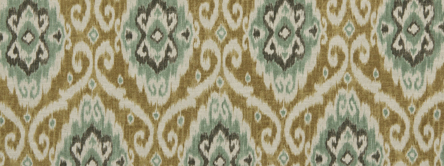 Ornate damask textile pattern in gold, teal, and cream; decorative upholstery or wallpaper print.