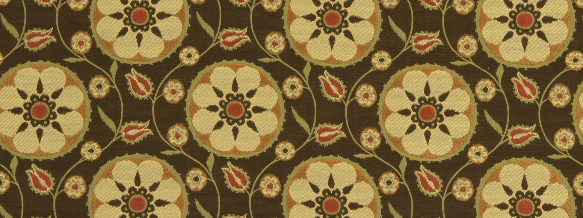 Brown fabric with a vintage cream circular floral pattern, red centers, beige petals and scrolling leaves.