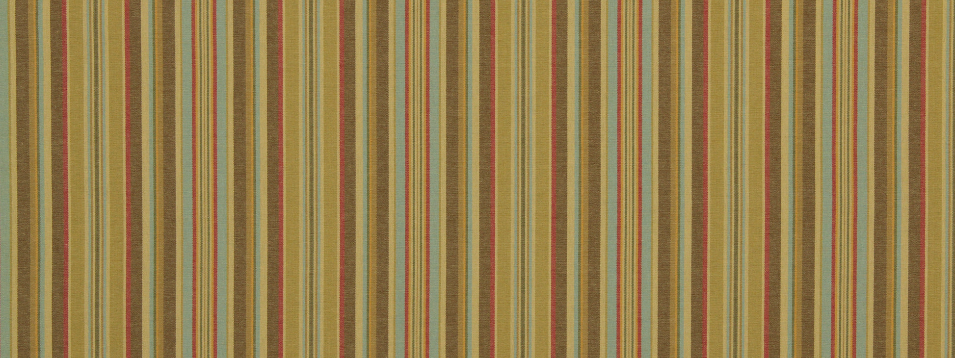 Bold striped fabric with mustard-yellow base & multicolored vertical stripes in green, blue, red & brown.