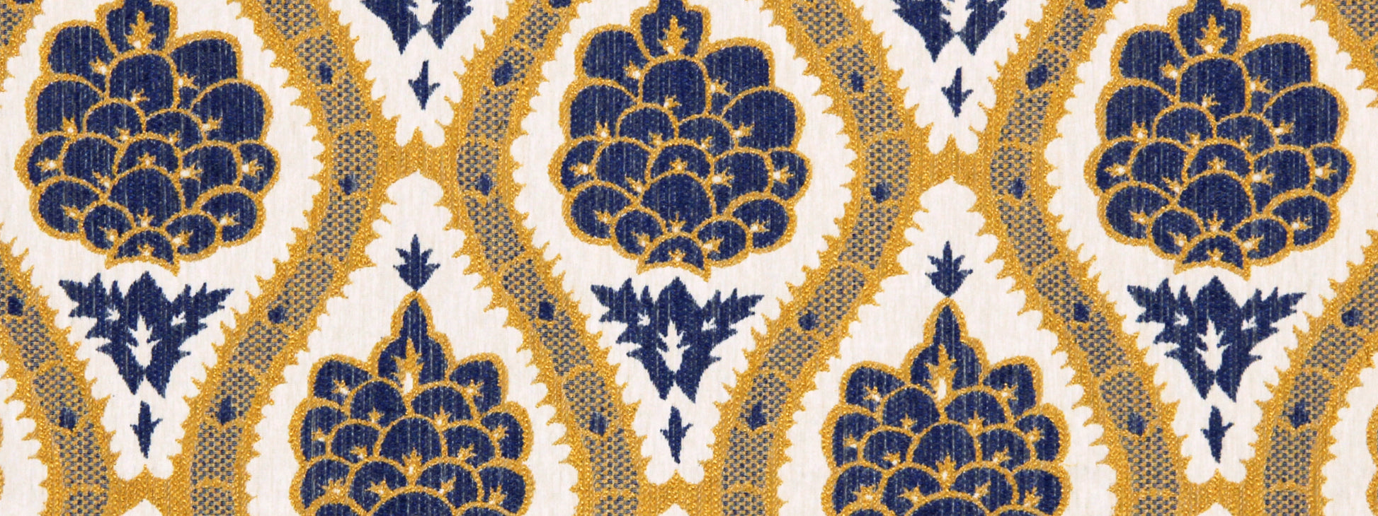 Blue & gold damask floral pattern with scalloped medallions on white; upholstery fabric.