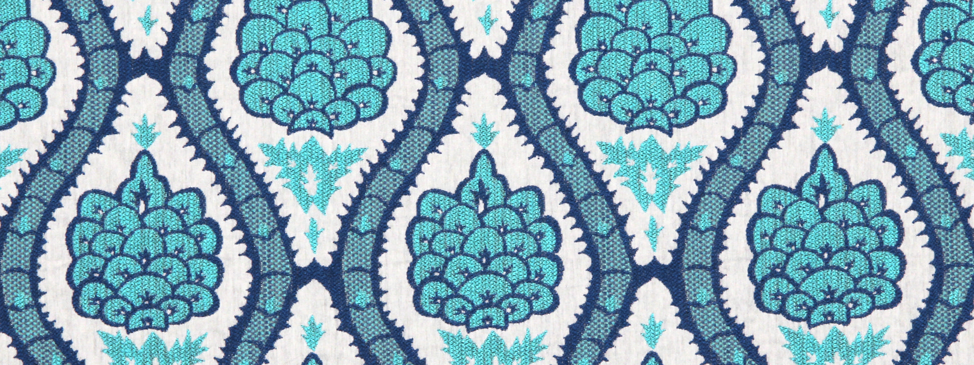 Repeating turquoise & navy damask pattern with teal floral clusters in a trellis design.