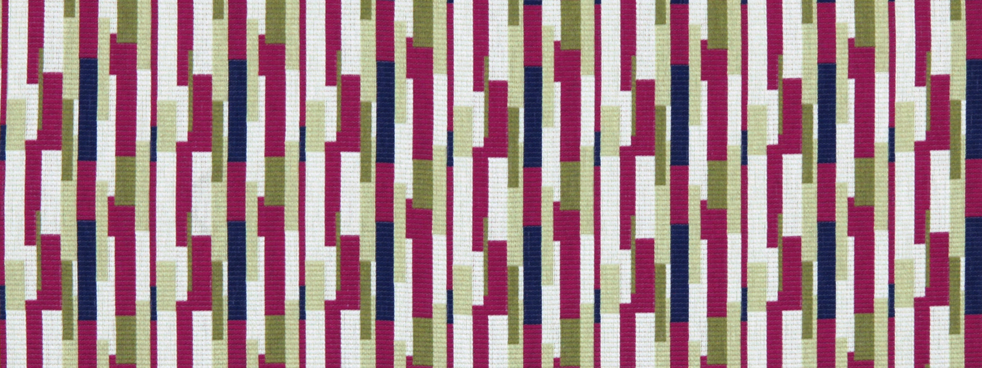 Fuchsia upholstery fabric with a colorful geometric pattern of vertical blocks in white, pink, magenta, purple, blue, olive, and tan.