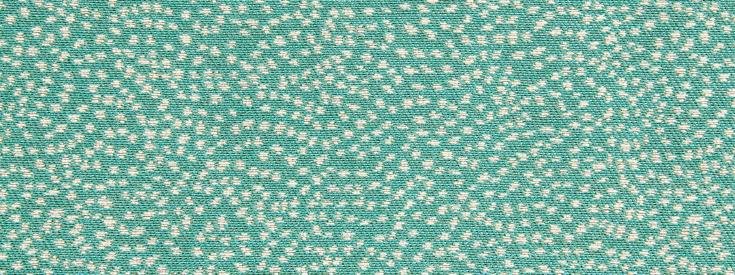 Teal fabric with a dense white speckled pattern; upholstery weight fabric suitable for furniture.