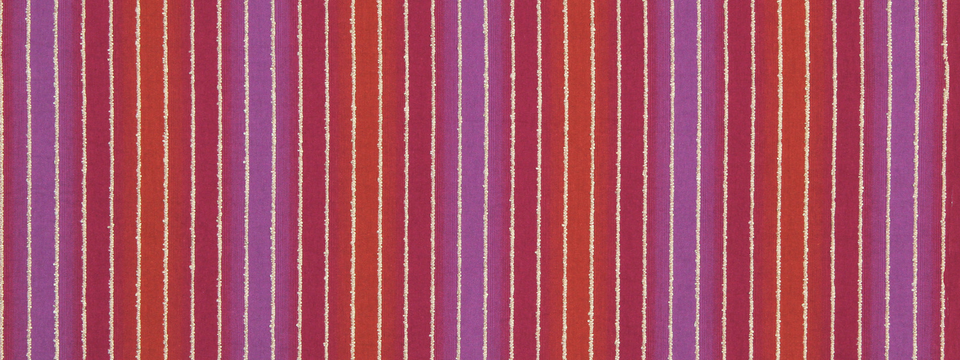 Vertical striped fabric in purple and red-orange with thin white pinstripes.