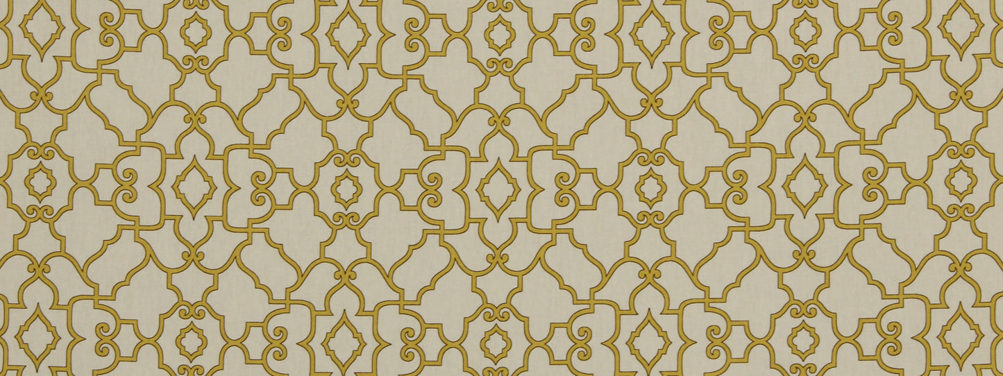 Gold-toned ornate trellis pattern on cream background; damask-style repeat for wallpaper & fabric.