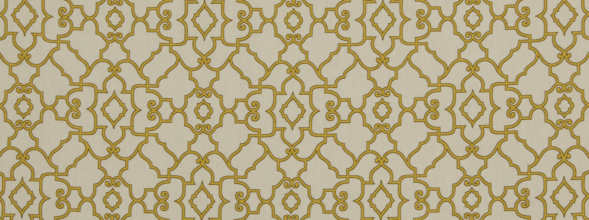 Gold-toned ornate trellis pattern on cream background; damask-style repeat for wallpaper & fabric.