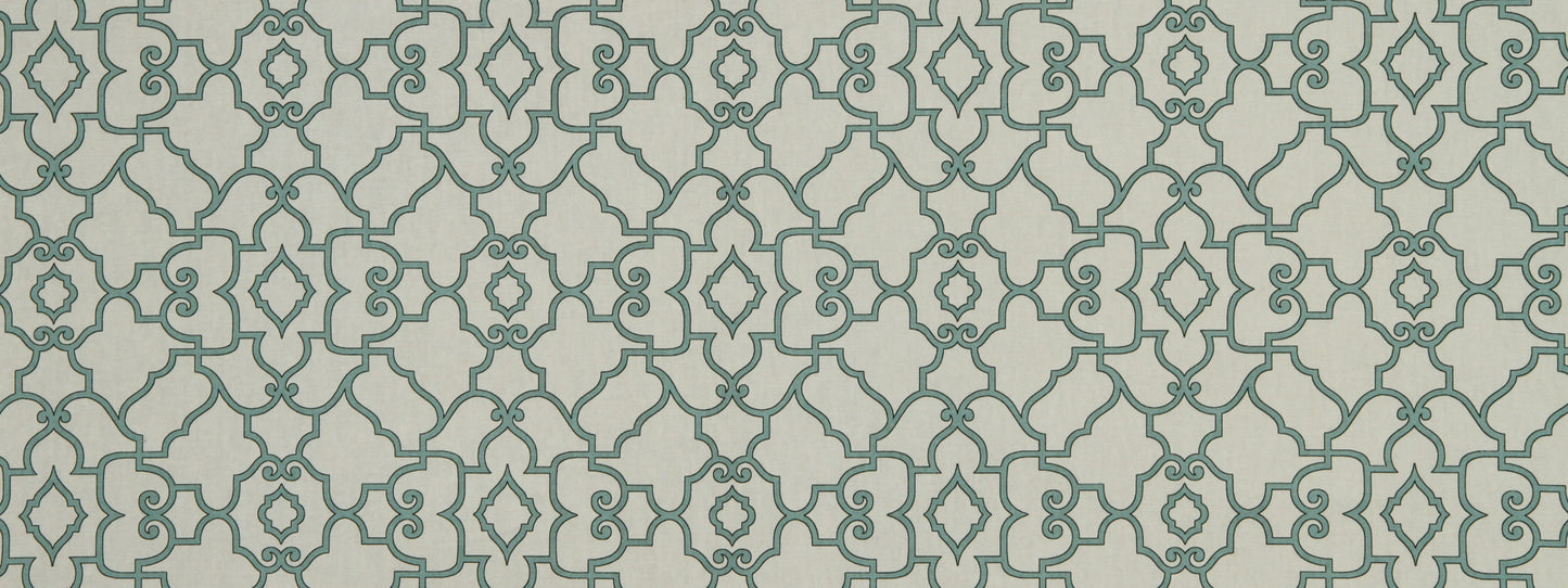 Teal arabesque lattice pattern on ivory background; decorative wallpaper or fabric design, geometric style.