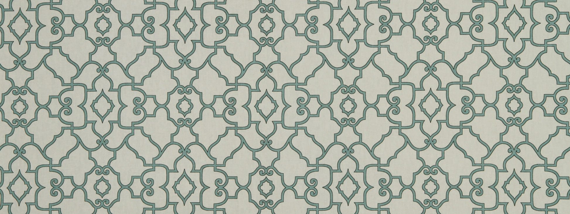 Teal arabesque lattice pattern on ivory background; decorative wallpaper or fabric design, geometric style.