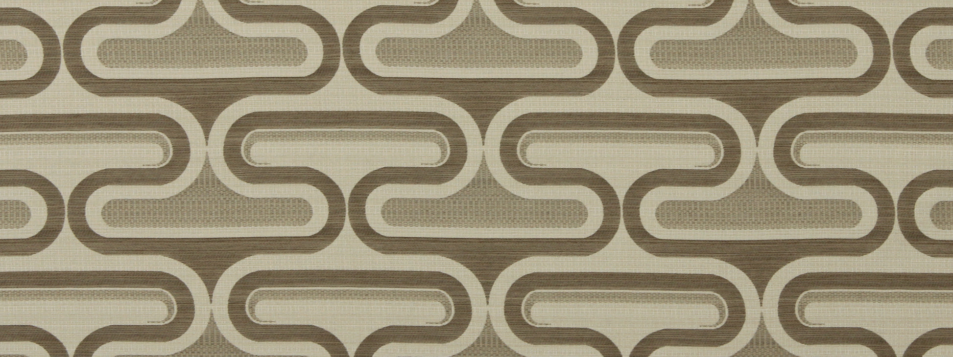 Beige and taupe mid-century geometric chain-link pattern on upholstery fabric.