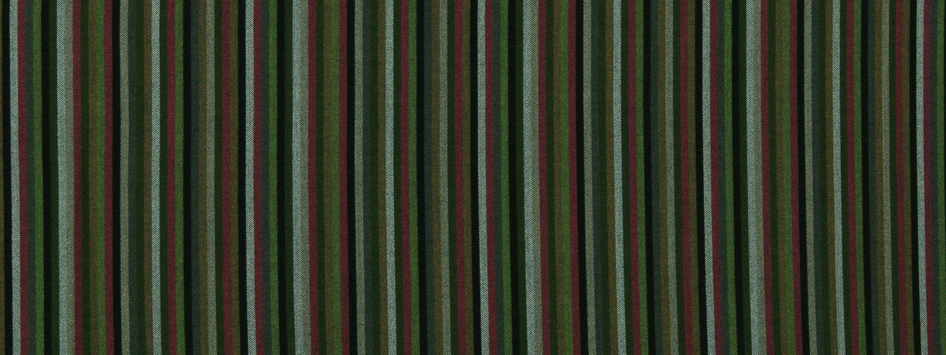 Vertical striped fabric in greens, olive, burgundy and dark tones; bold upholstery fabric pattern.
