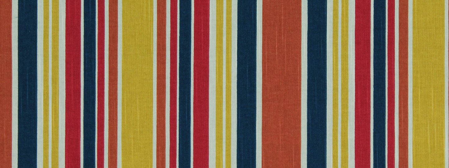 Bright vertical striped fabric with varied-width bands in yellow, red, blue, navy and white.