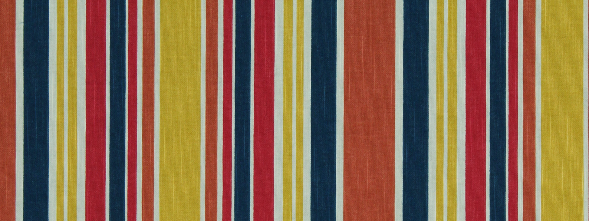 Bright vertical striped fabric with varied-width bands in yellow, red, blue, navy and white.