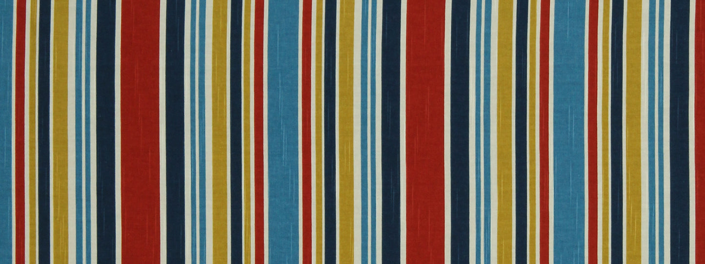 Vertical multicolor stripe pattern in red, blue, turquoise, yellow and white; textile or wallpaper design.