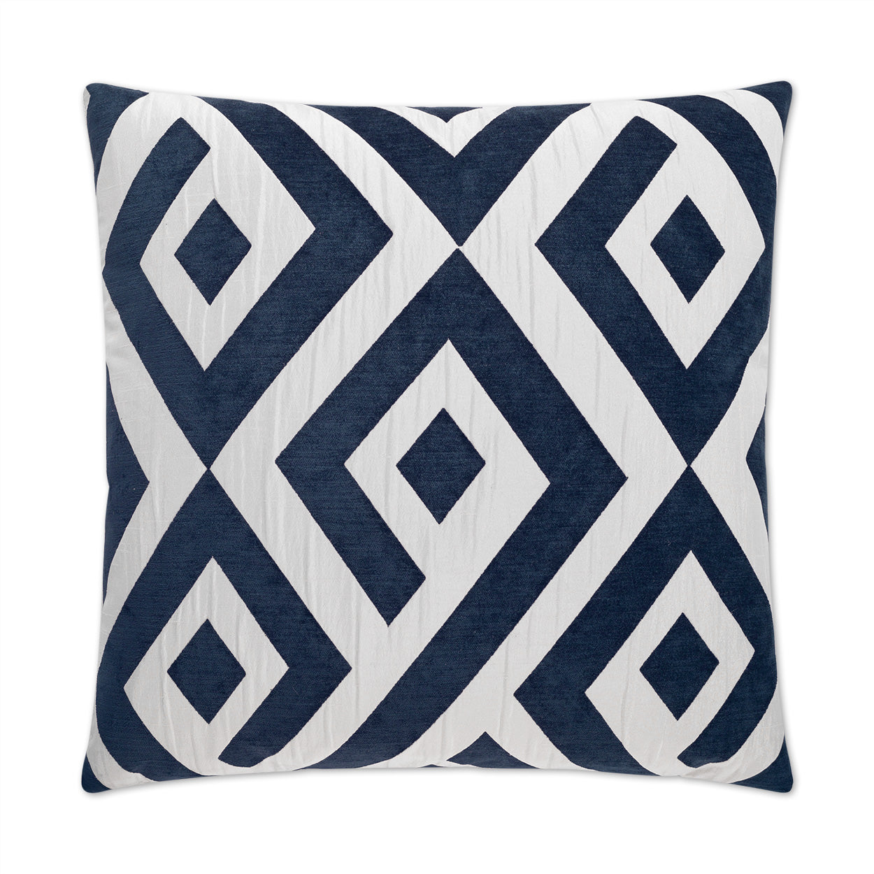 Navy blue and white geometric pillow with interlocking diamond motif, 24" x 24", traditional nautical style.