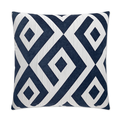 Navy blue and white geometric pillow with interlocking diamond motif, 24" x 24", traditional nautical style.