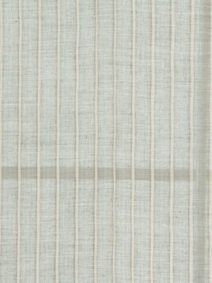 Cream linen drapery fabric with narrow beige vertical stripes; soft weave, ideal for curtains or upholstery.