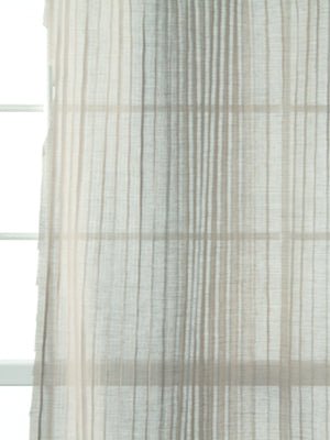 Light beige linen drapery with subtle vertical plaid stripes, airy translucent fabric for bright windows.