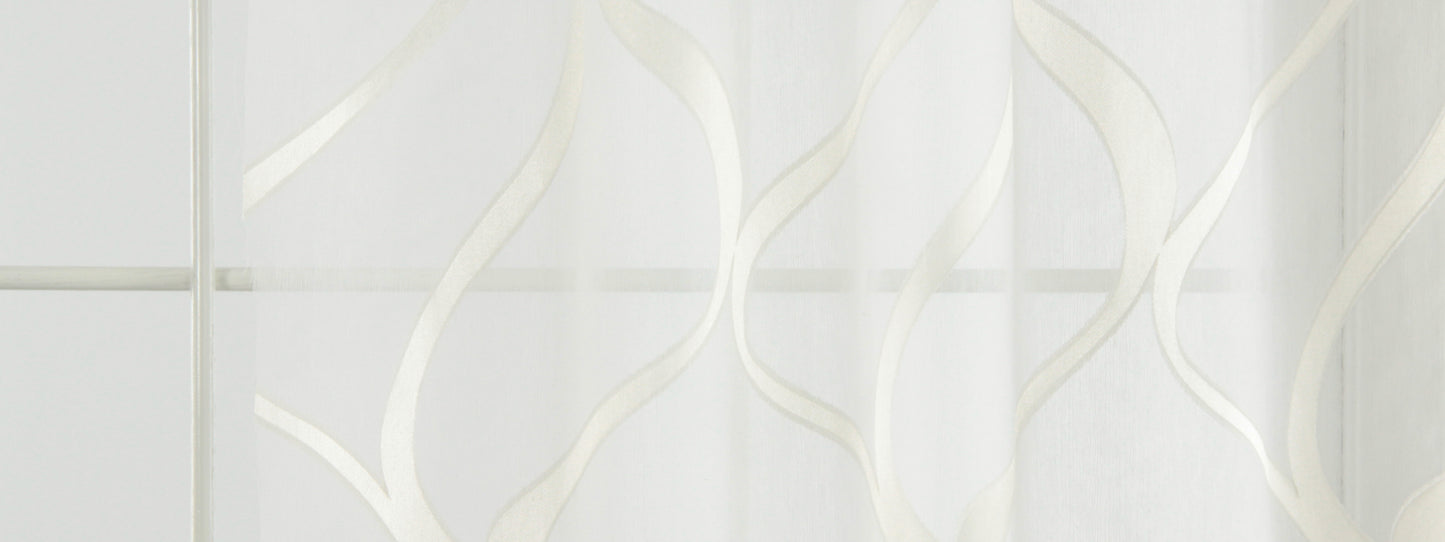 Bone sheer curtain with abstract cream wavy stripes, lightweight translucent fabric for airy window decor.