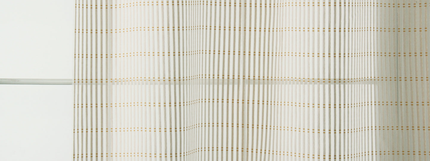 Cream sheer curtain panel with narrow beige vertical stripes for a light, modern window look.