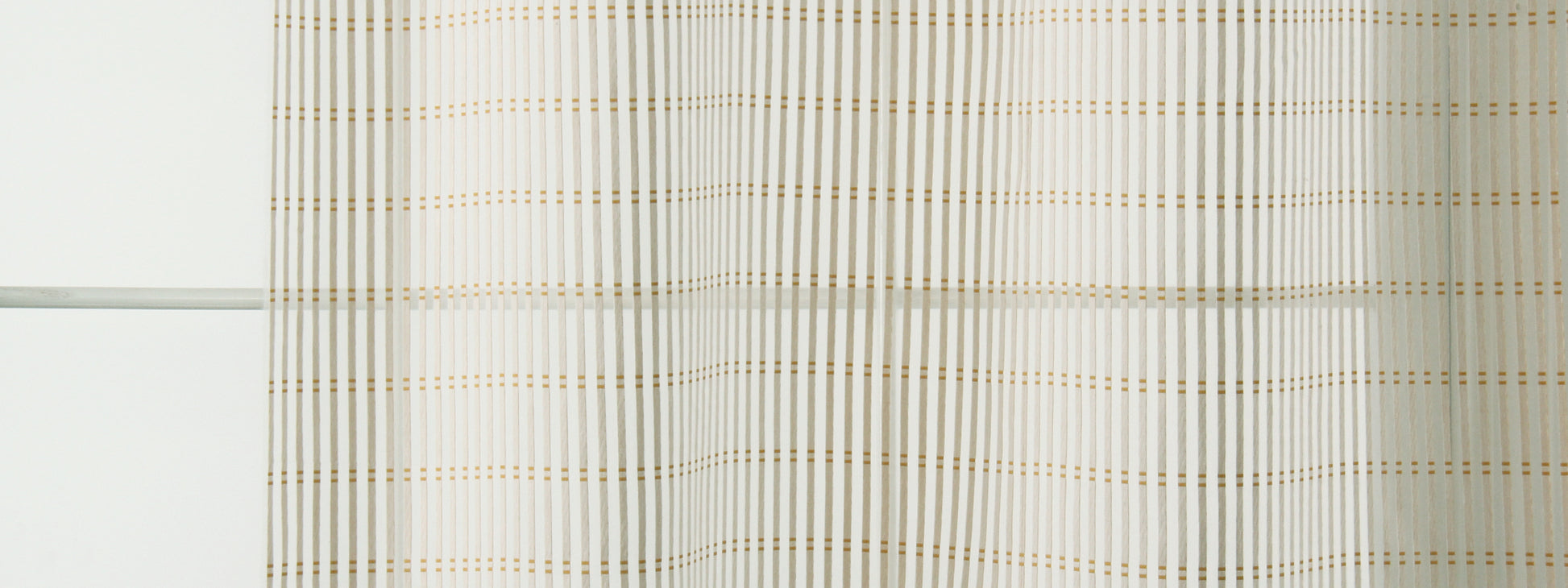 Cream sheer curtain panel with narrow beige vertical stripes for a light, modern window look.