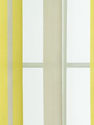 Vertical citron and white striped drapery panel with a beige central stripe, modern home decor style.