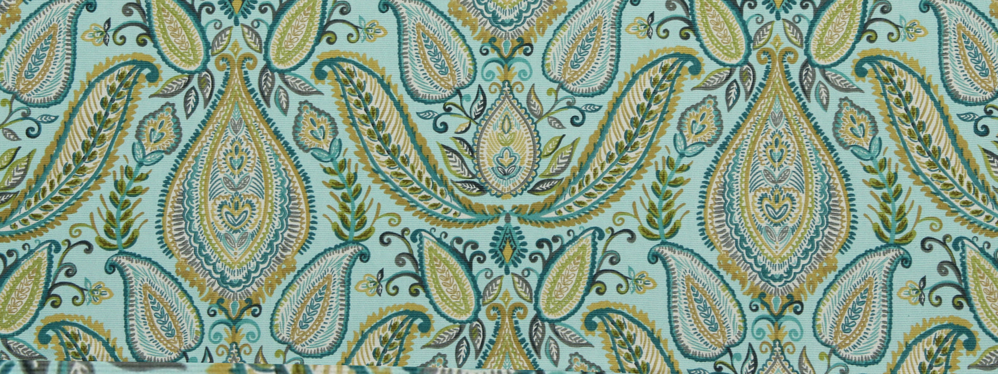 Ombre Paisley pattern fabric in teal and gold on a light turquoise background; versatile textile for upholstery or apparel.