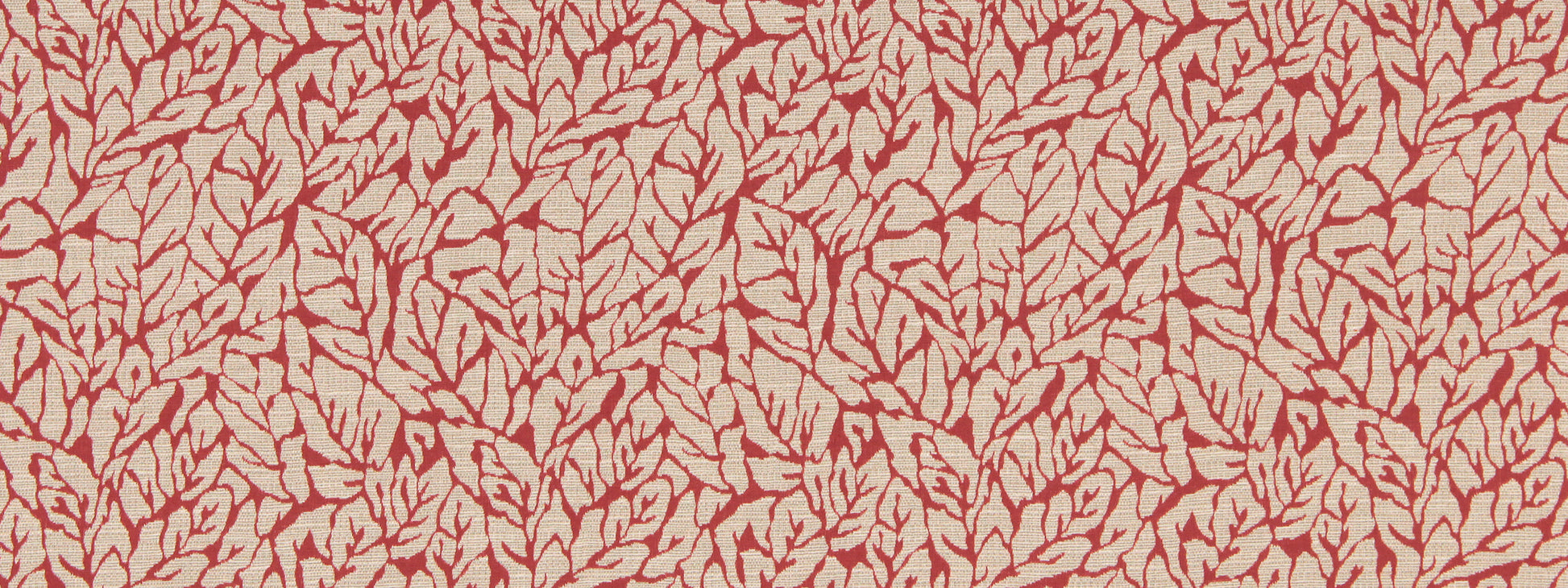 Coral banana leaf pattern on beige background; detailed upholstery fabric design.