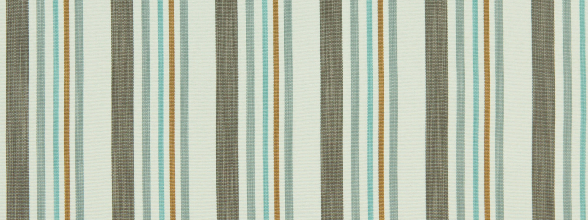 Vertical striped upholstery fabric in teal, turquoise, orange, gray and cream with a textured surface.
