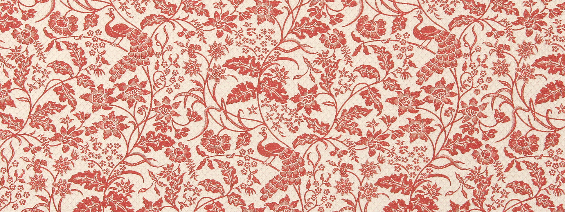 Coral damask floral pattern with vines, leaves and small birds on a cream background.
