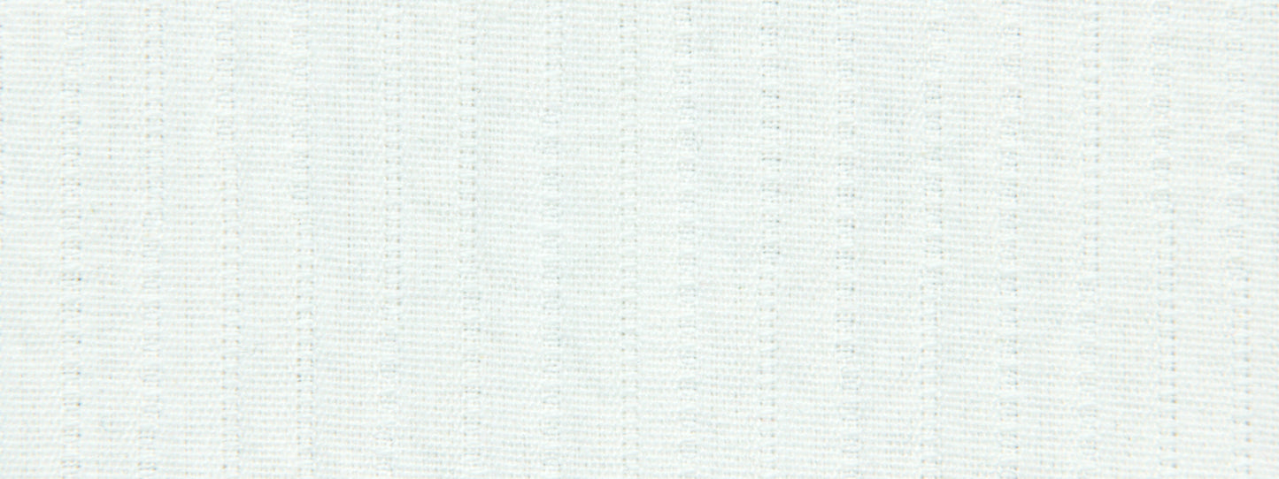 White textured fabric with subtle vertical pinstripes and dotted weave pattern.