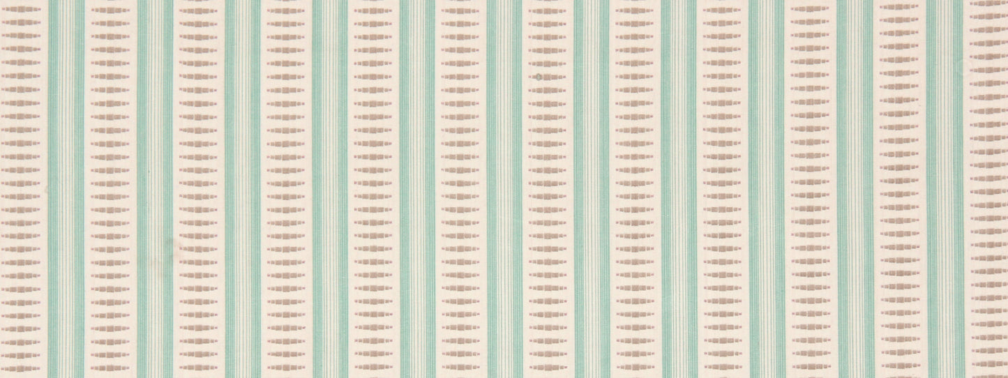 Mint teal and beige striped wallpaper pattern with tiny brown dash motifs in a retro geometric style.