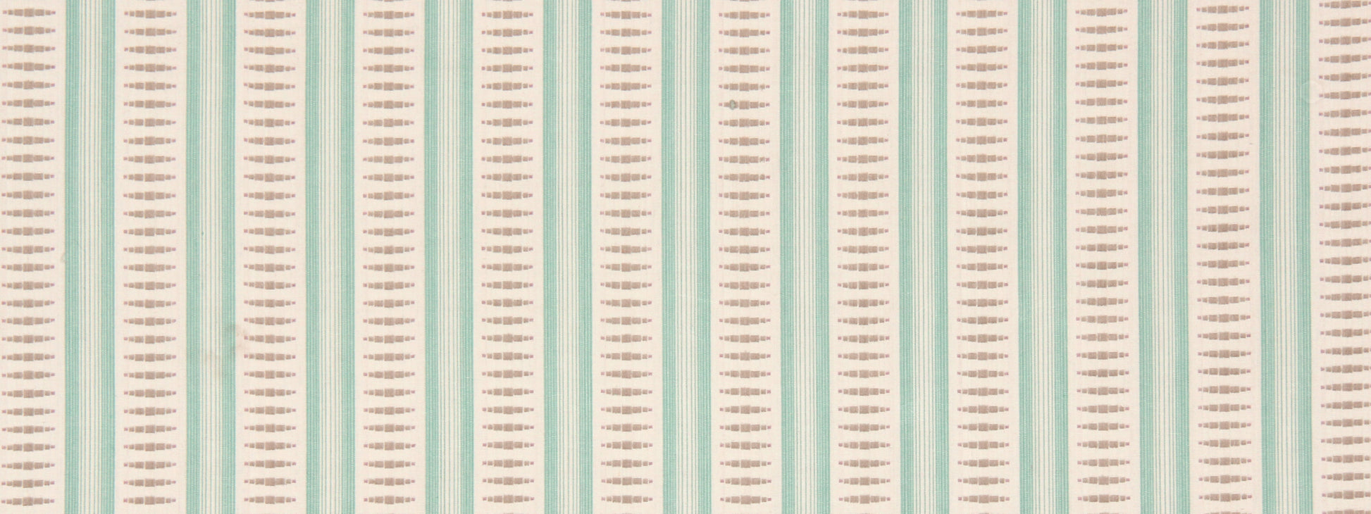 Mint teal and beige striped wallpaper pattern with tiny brown dash motifs in a retro geometric style.