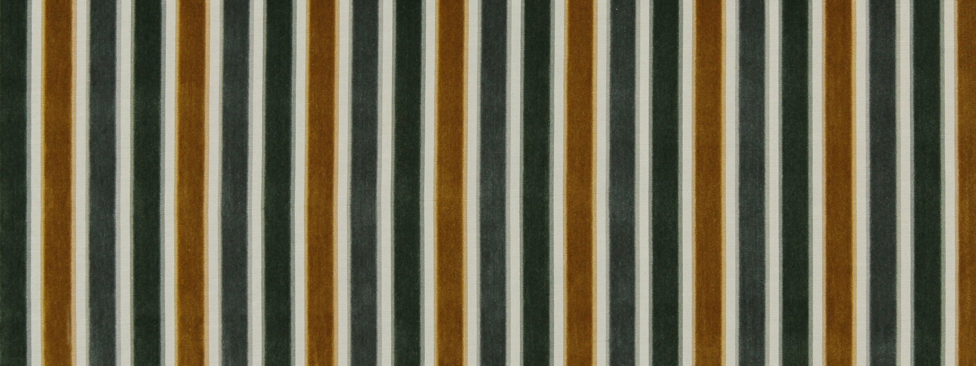 Upholstery fabric with vertical brown, white & charcoal stripes.