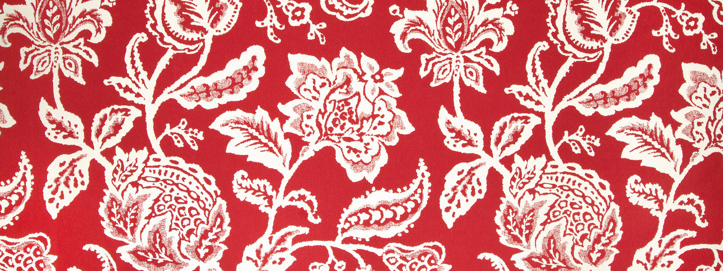 Red damask floral pattern with white ornamental flowers and leaves on fabric, luxurious textile.