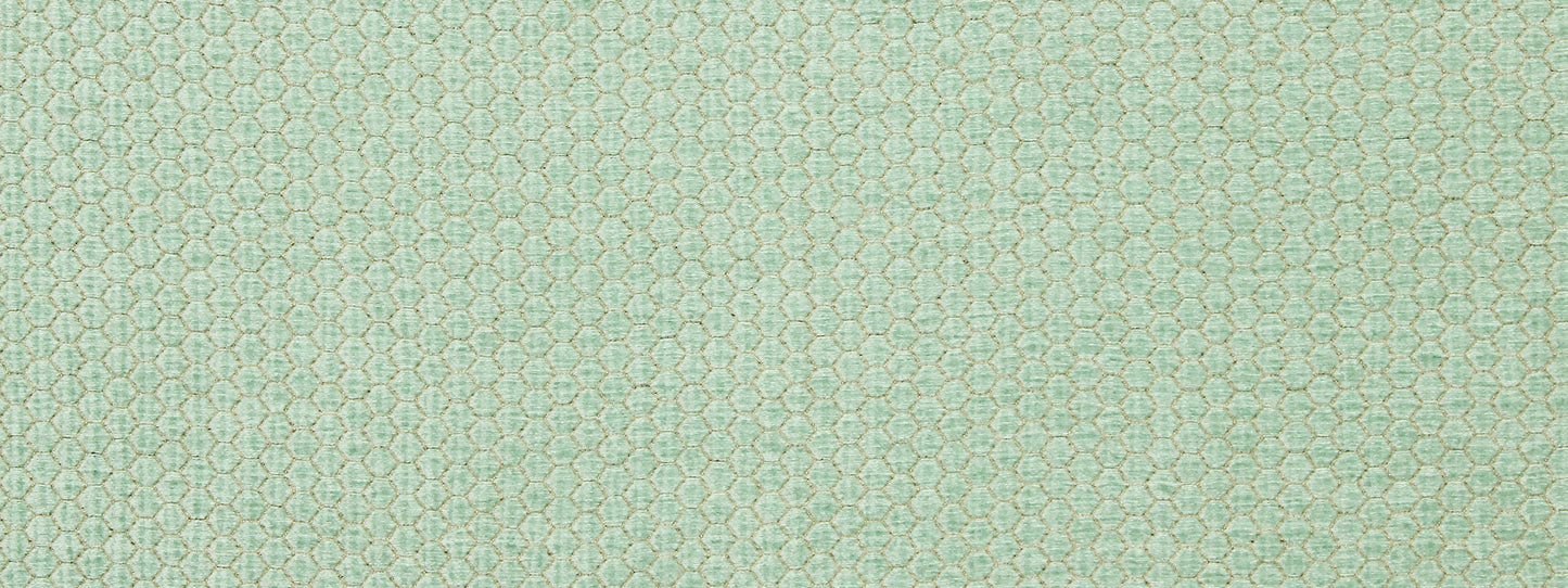 Mint green upholstery fabric with a delicate repeating geometric lattice pattern.