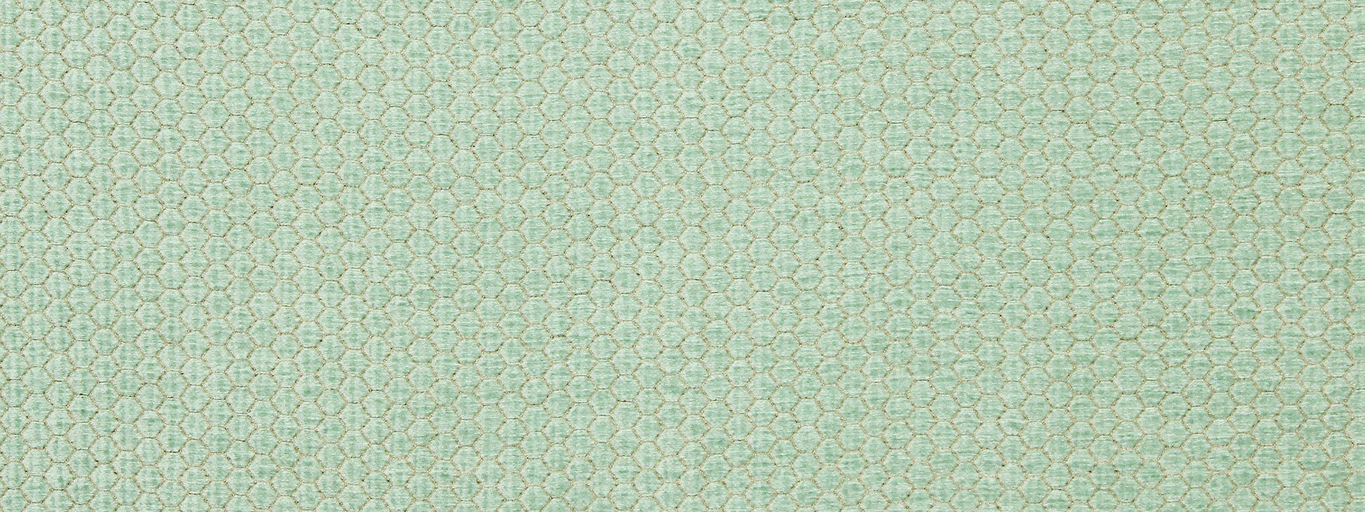Mint green upholstery fabric with a delicate repeating geometric lattice pattern.