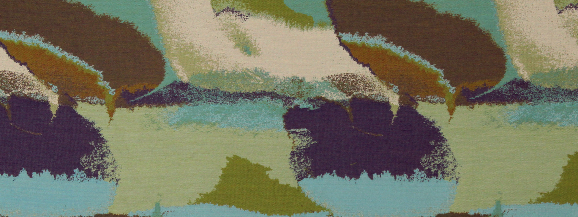 Abstract color-block print with broad brush strokes in teal, sage, olive, cream, purple and brown; upholstery fabric pattern.