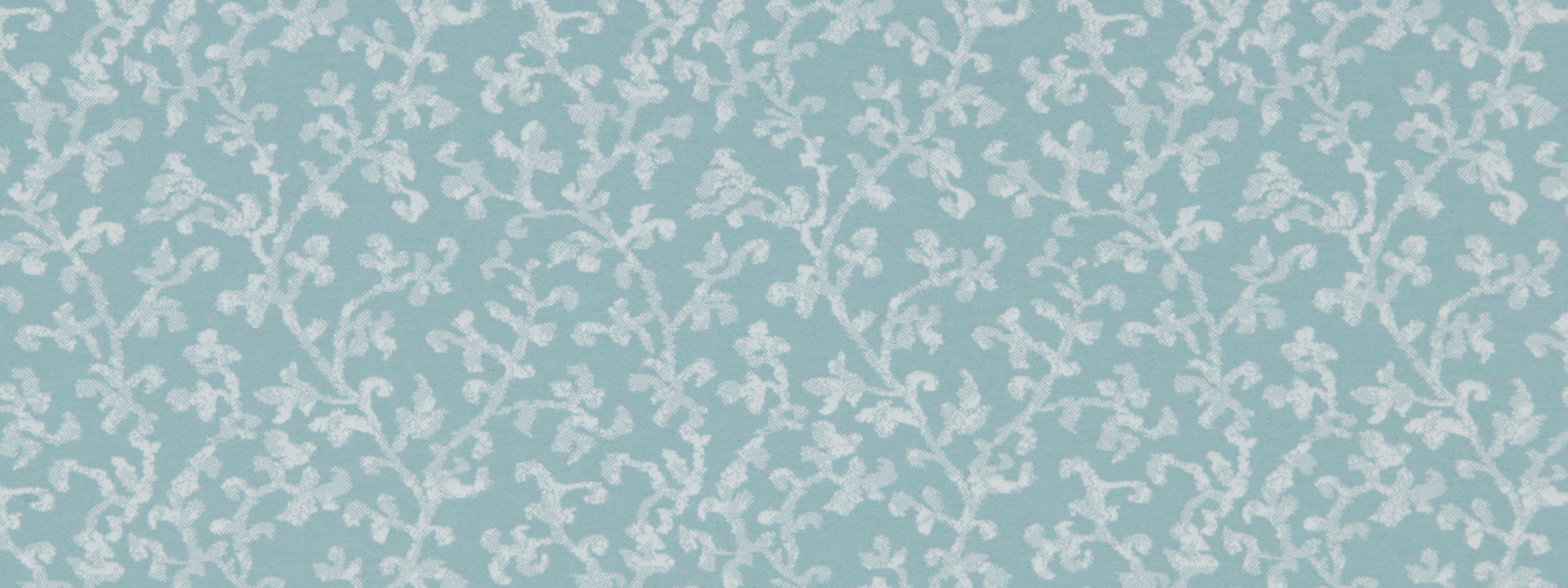 Soft blue upholstery fabric with delicate white scrolling floral vine pattern.