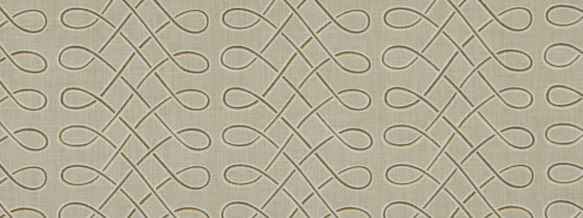 Beige wallpaper with a tan looping lattice pattern; elegant decorative wallcovering.