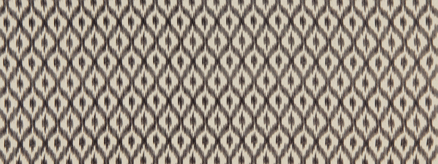 Grey fabric upholstery with a navy diamond lattice jacquard pattern.