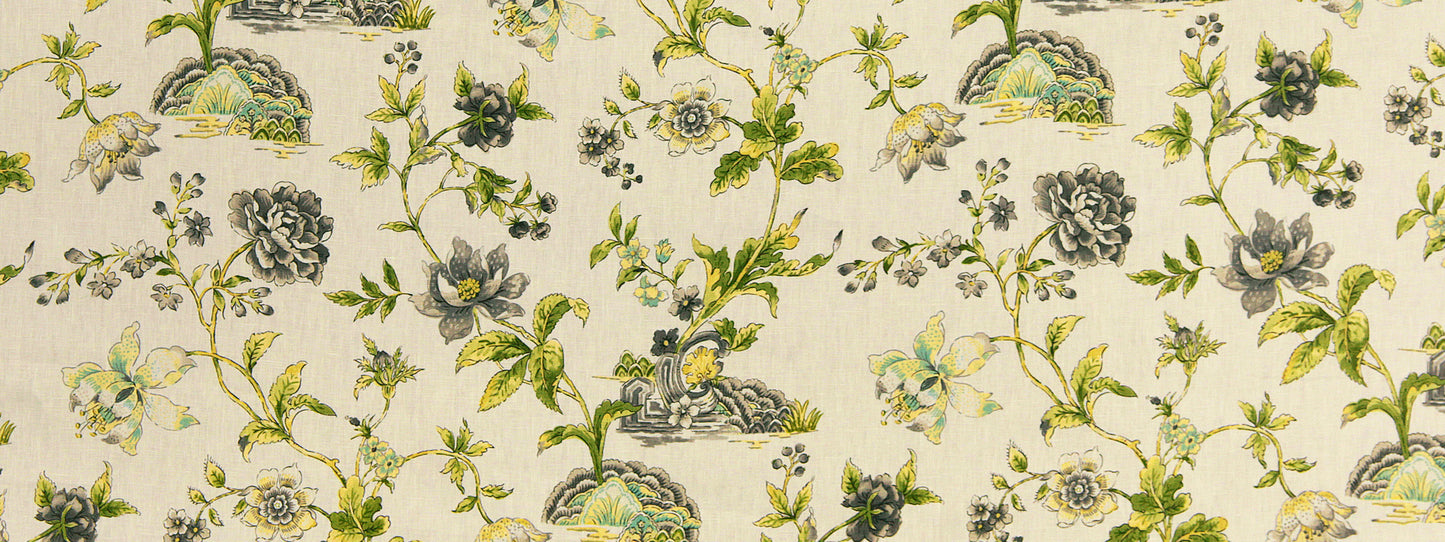 Beige fabric with botanical toile print: green vines and blue-gray and yellow roses in a repeating pattern