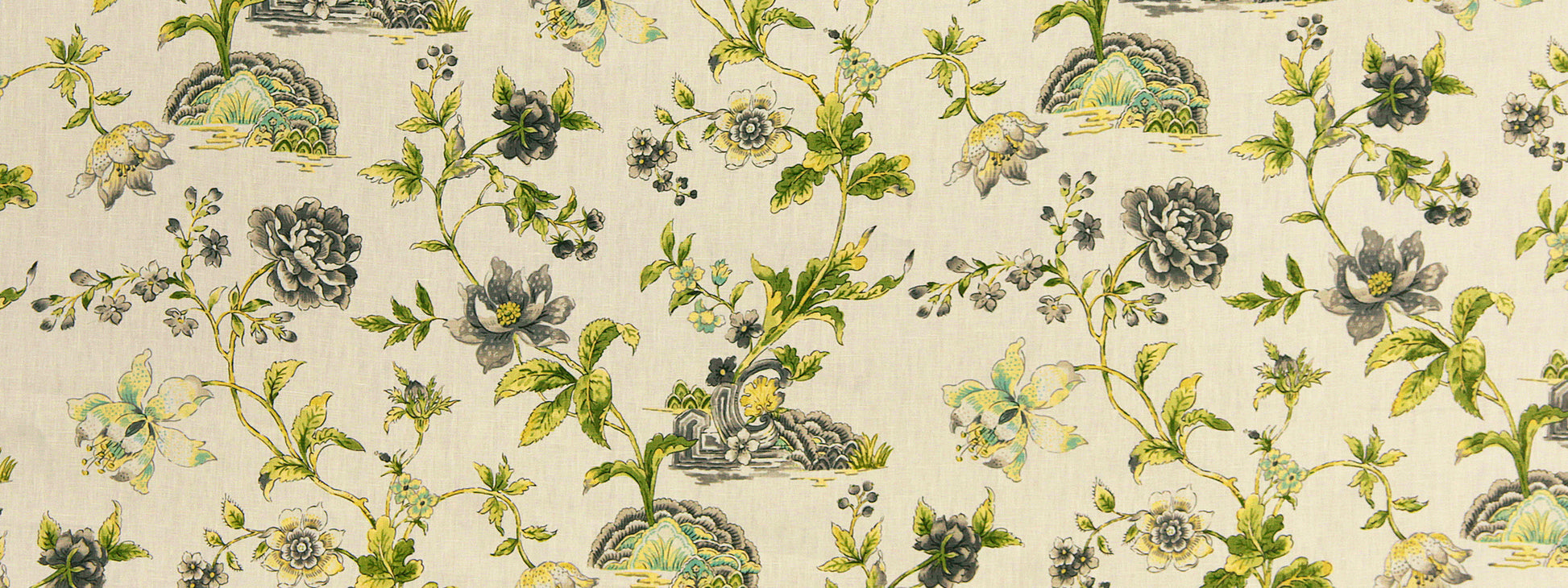 Beige fabric with botanical toile print: green vines and blue-gray and yellow roses in a repeating pattern